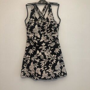 Elegant Floral One-Piece Swimsuit - Swim Dress Black and White